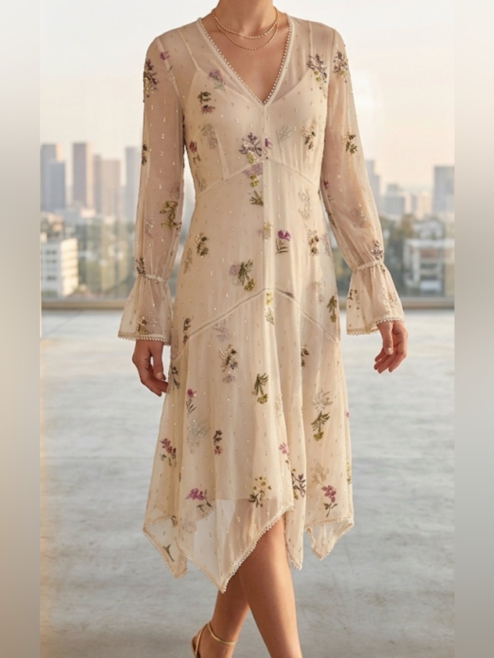 Rachel Rachel Roy White Floral Gold Metallic Clip Dot Handkerchief Dress‎